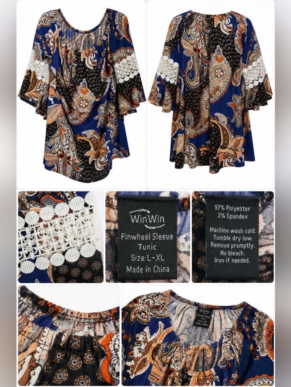 WinWin Plus Size XL Paisley Boho Tunic Top Blue Bell Sleeve Crochet Trim Blouse